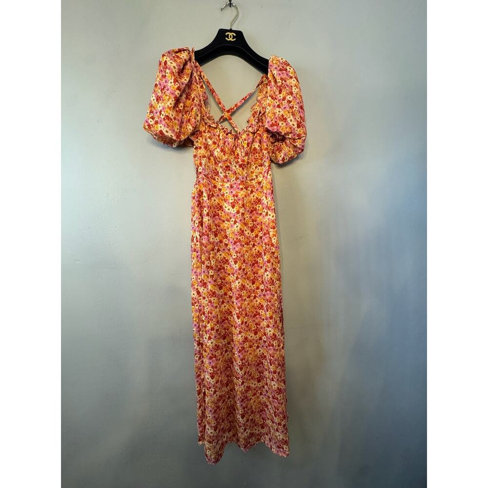 For Love & Lemons Floral Puff Sleeve Open Back Midi Dress Women's Size Small